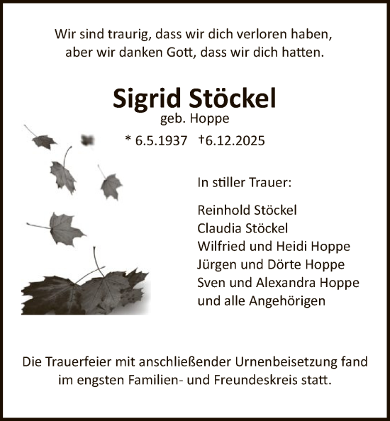 Traueranzeige von Sigrid Stöckel von HNA