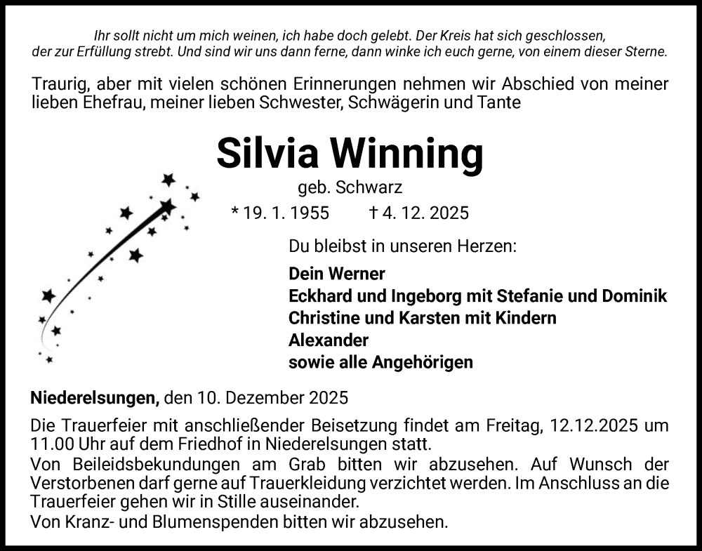  Traueranzeige für Silvia Winning vom 10.12.2025 aus HNA