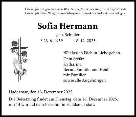 Traueranzeige von Sofia Hermann von HNA