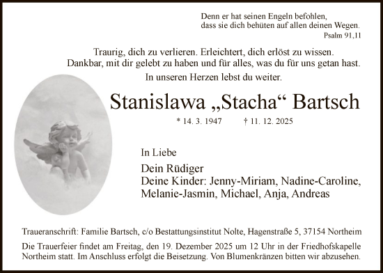 Traueranzeige von Stanislawa Bartsch von HNA