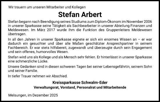 Traueranzeige von Stefan Arbert von HNA