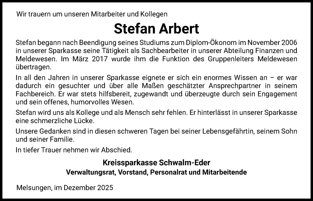  Traueranzeige für Stefan Arbert vom 13.12.2025 aus HNA