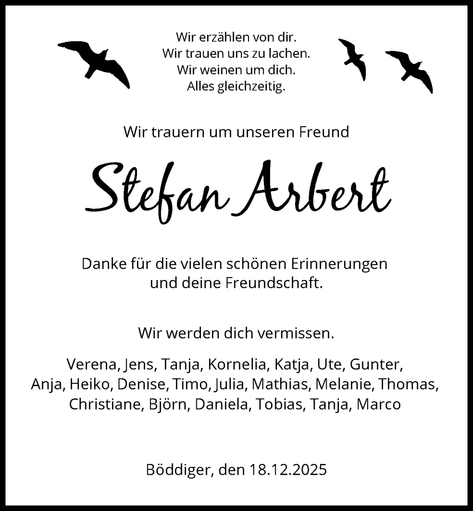  Traueranzeige für Stefan Arbert vom 18.12.2025 aus HNAHNA