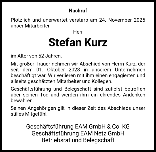 Traueranzeige von Stefan Kurz von HNA