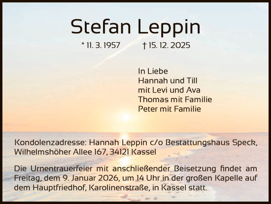 Traueranzeige von Stefan Leppin von HNA