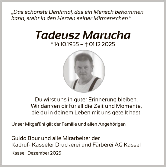 Traueranzeige von Tadeusz Marucha von HNA