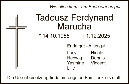 Traueranzeige von Tadeusz Ferdynand Marucha von HNA