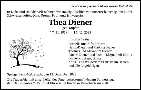 Traueranzeige von Thea Diener von HNAHNA