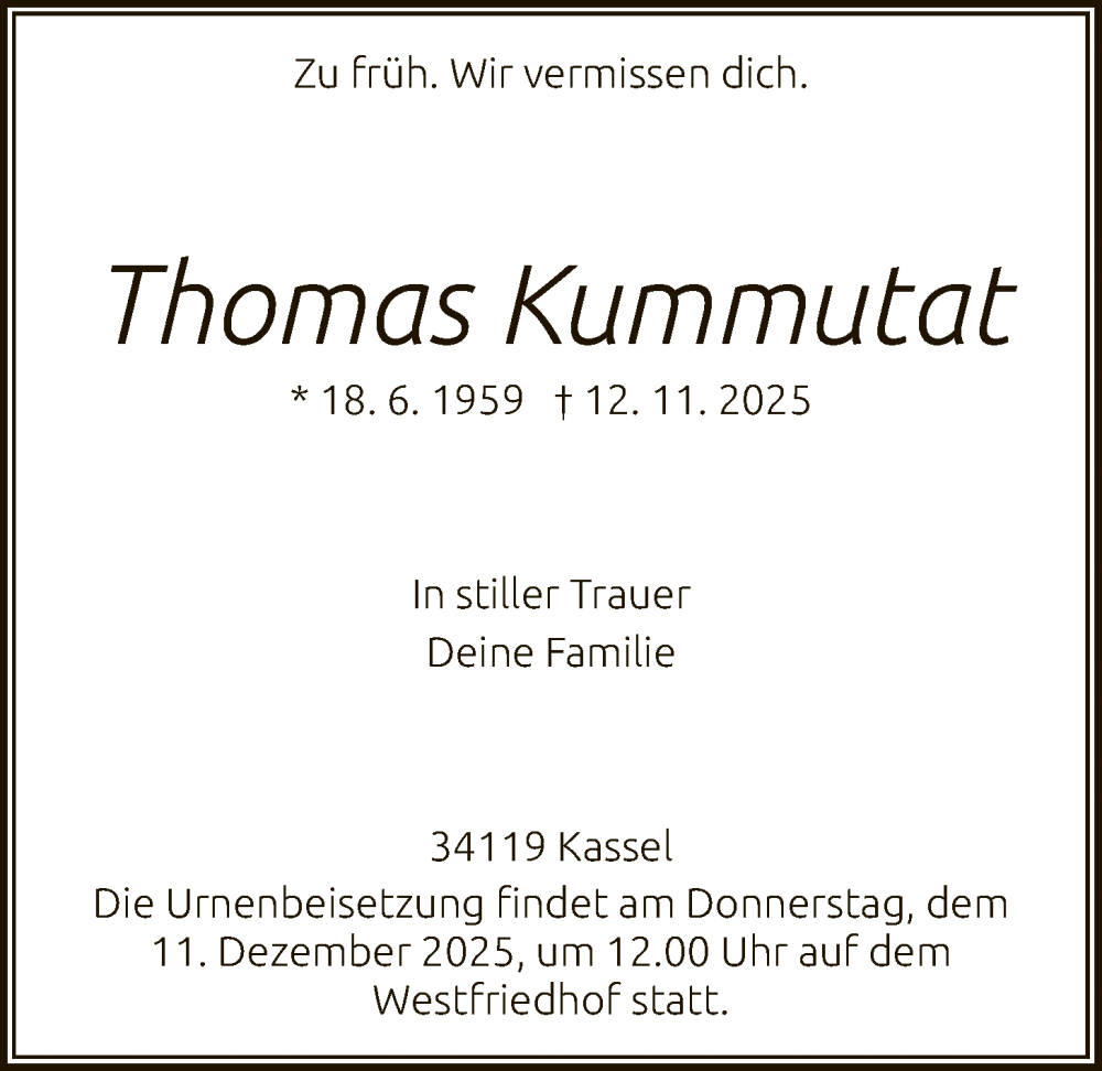  Traueranzeige für Thomas Kummutat vom 06.12.2025 aus HNA