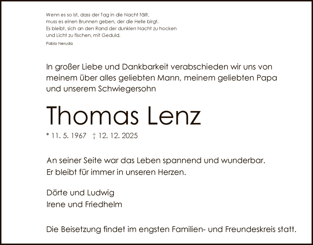  Traueranzeige für Thomas Lenz vom 20.12.2025 aus HNA