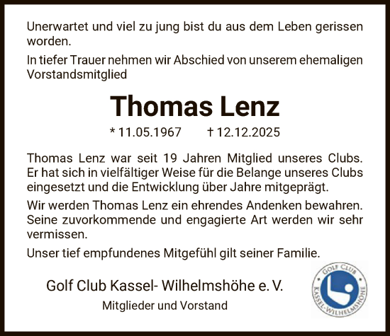 Traueranzeige von Thomas Lenz von HNA
