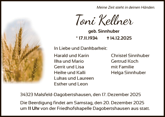 Traueranzeige von Toni Kellner von HNA