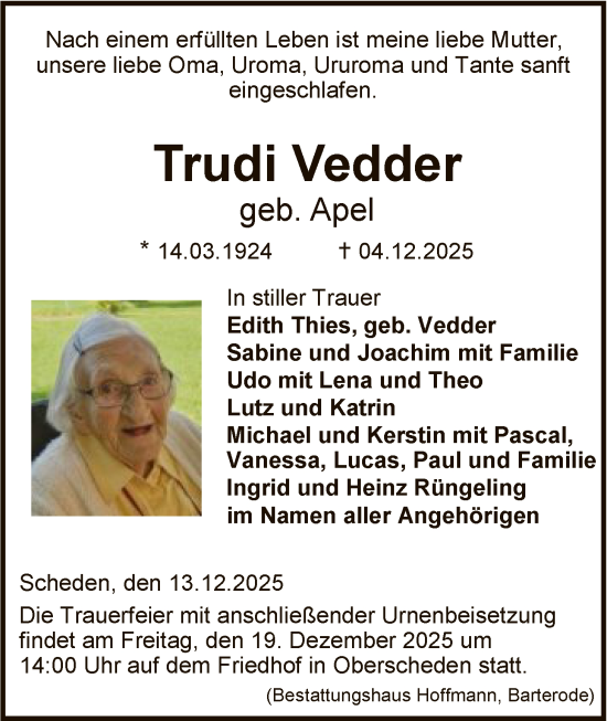 Traueranzeige von Trudi Vedder von HNA
