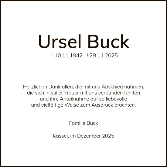 Traueranzeige von Ursel Buck von HNA