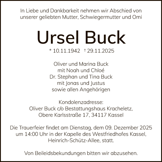 Traueranzeige von Ursel Buck von HNA