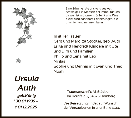 Traueranzeige von Ursula Auth von HNA