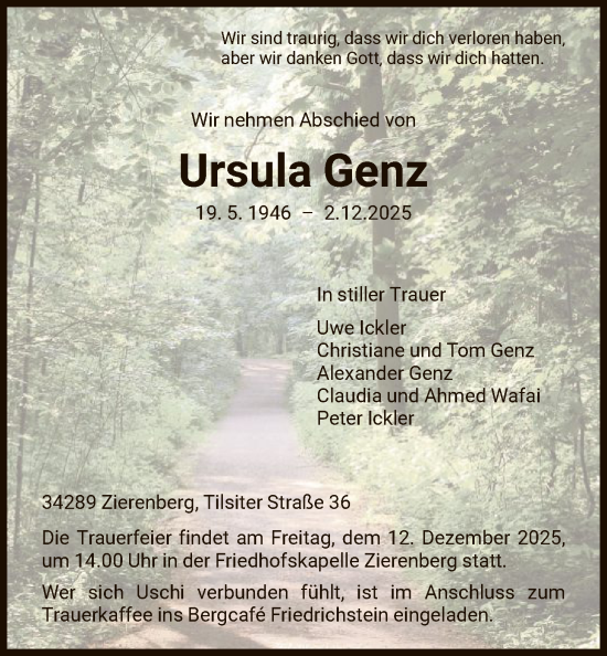 Traueranzeige von Ursula Genz von HNAHNA