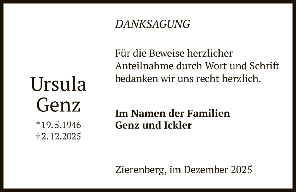  Traueranzeige für Ursula Genz vom 22.12.2025 aus HNA