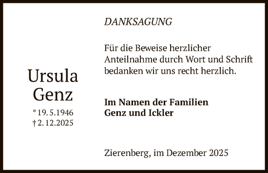 Traueranzeige von Ursula Genz von HNA