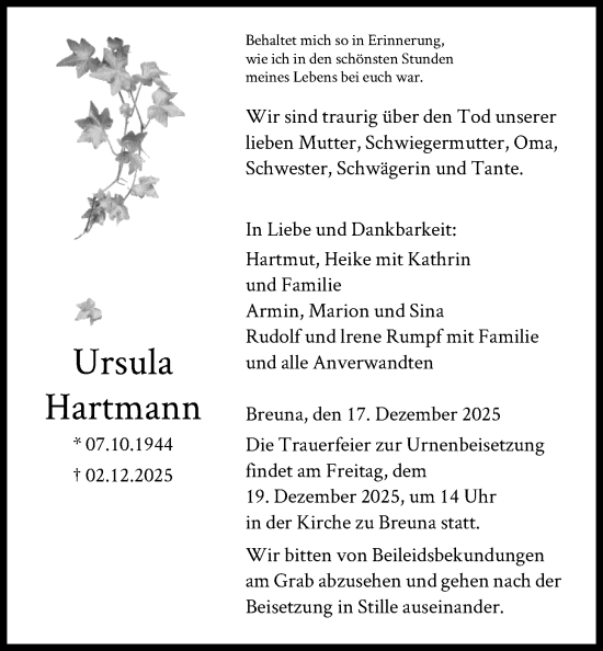 Traueranzeige von Ursula Hartmann von HNA