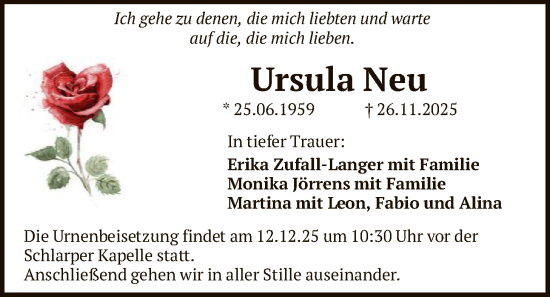 Traueranzeige von Ursula Neu von HNA