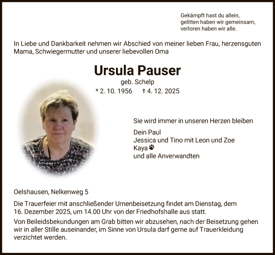 Traueranzeige von Ursula Pauser von HNA