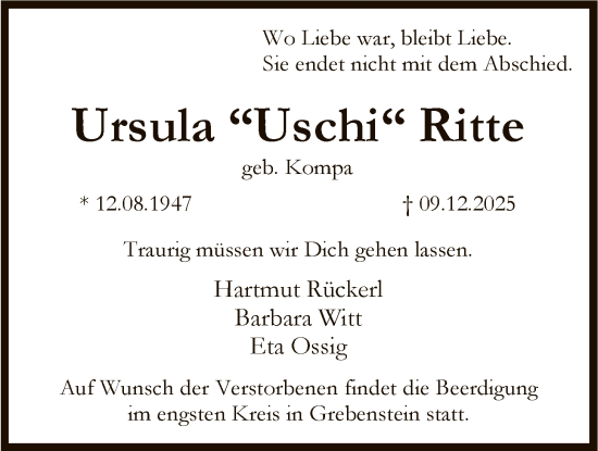 Traueranzeige von Ursula Ritte von HNA