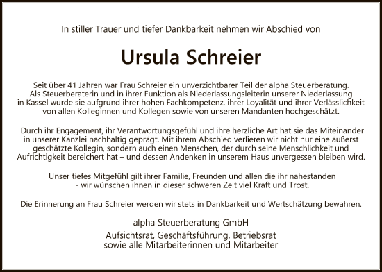 Traueranzeige von Ursula Schreier von HNA