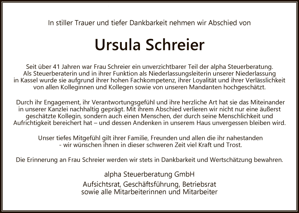  Traueranzeige für Ursula Schreier vom 20.12.2025 aus HNA