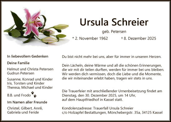 Traueranzeige von Ursula Schreier von HNA