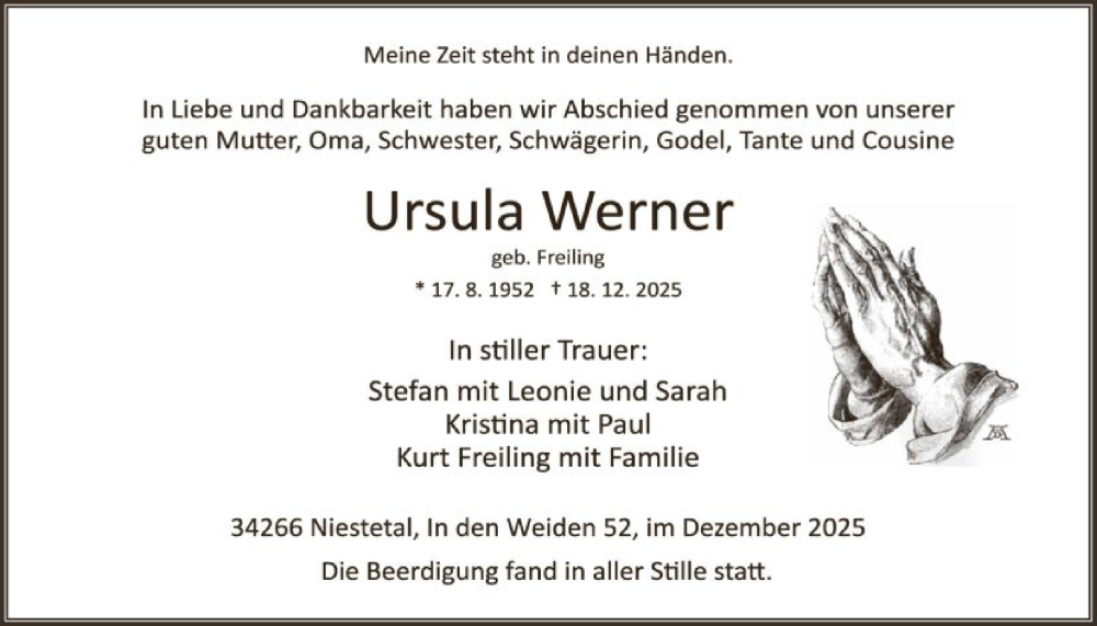  Traueranzeige für Ursula Werner vom 27.12.2025 aus HNA