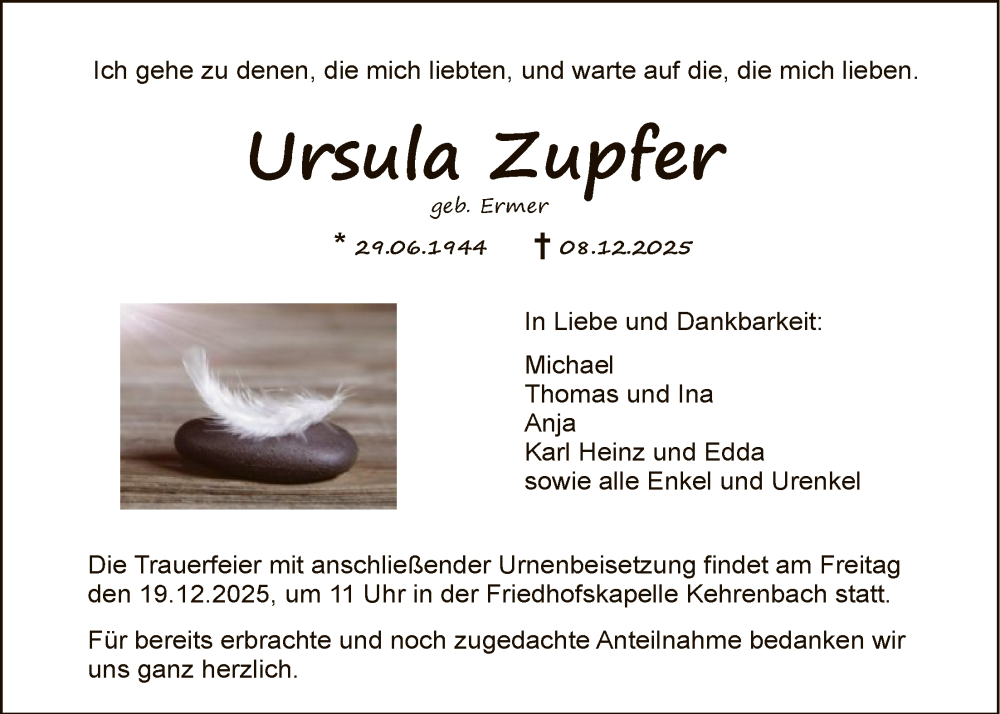  Traueranzeige für Ursula Zupfer vom 13.12.2025 aus HNA