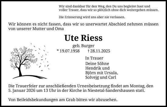 Traueranzeige von Ute Riess von HNA