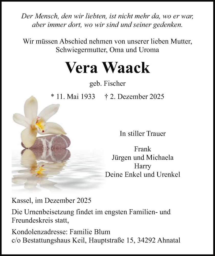  Traueranzeige für Vera Waack vom 06.12.2025 aus HNA