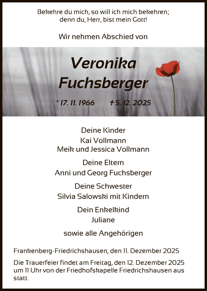  Traueranzeige für Veronika Fuchsberger vom 11.12.2025 aus HNA