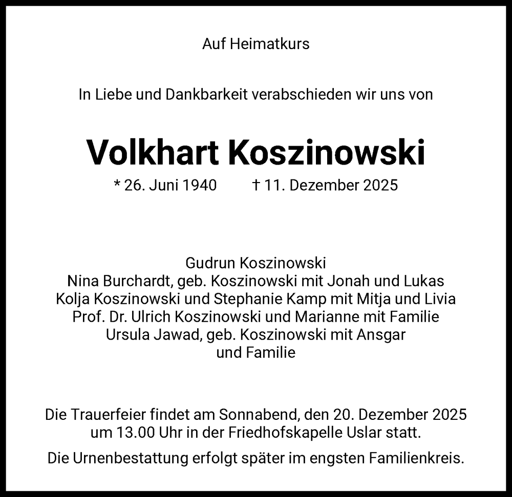  Traueranzeige für Volkhart Koszinowski vom 16.12.2025 aus HNA
