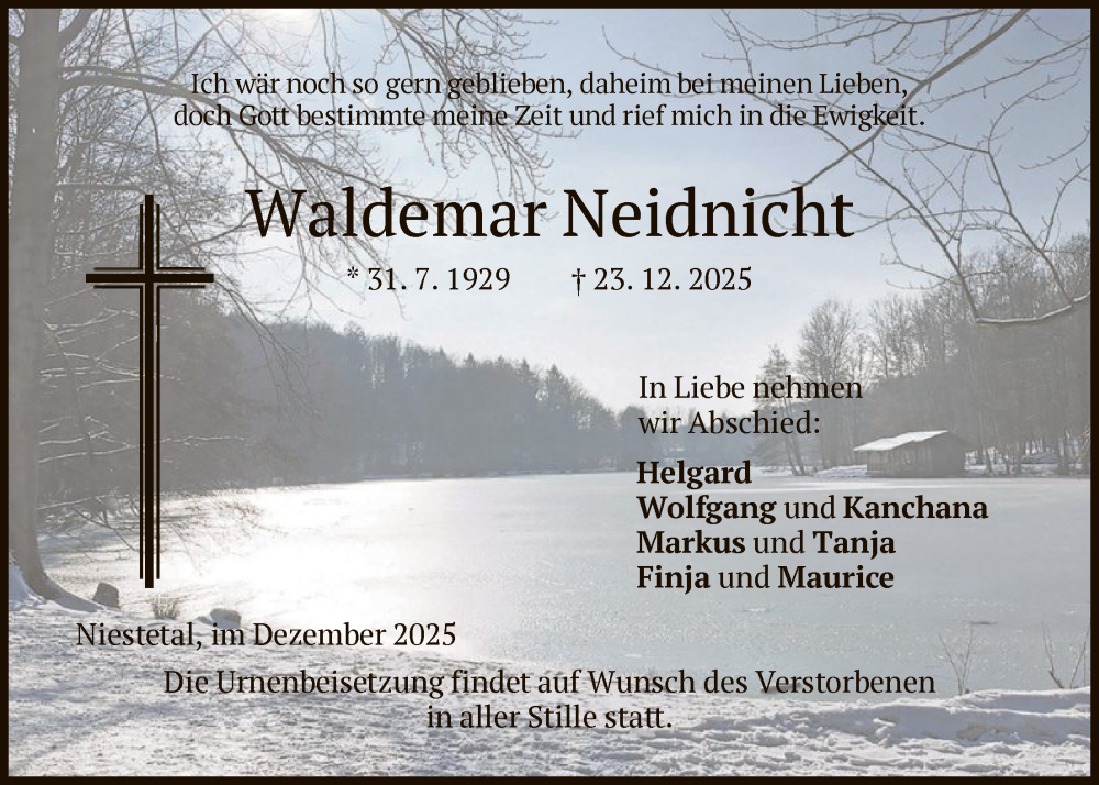  Traueranzeige für Waldemar Neidnicht vom 30.12.2025 aus HNA