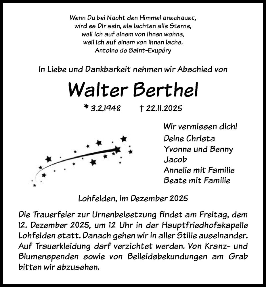  Traueranzeige für Walter Berthel vom 06.12.2025 aus HNA