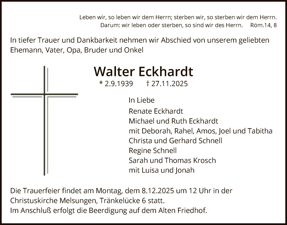  Traueranzeige für Walter Eckhardt vom 05.12.2025 aus HNA