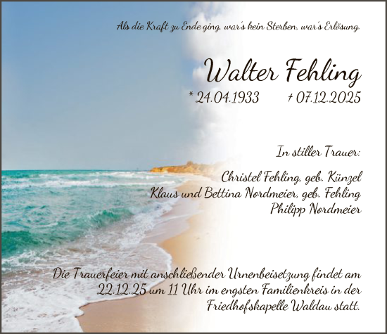 Traueranzeige von Walter Fehling von HNA