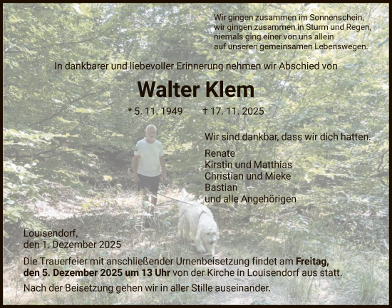 Traueranzeige von Walter Klem von HNA