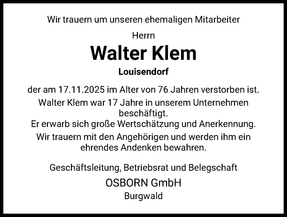  Traueranzeige für Walter Klem vom 03.12.2025 aus HNA