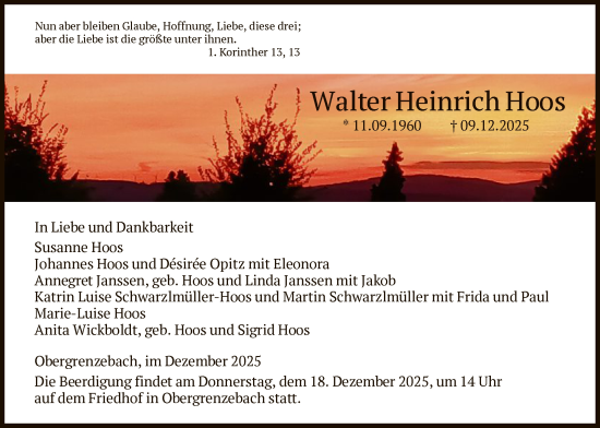 Traueranzeige von Walter Heinrich Hoos von HNA