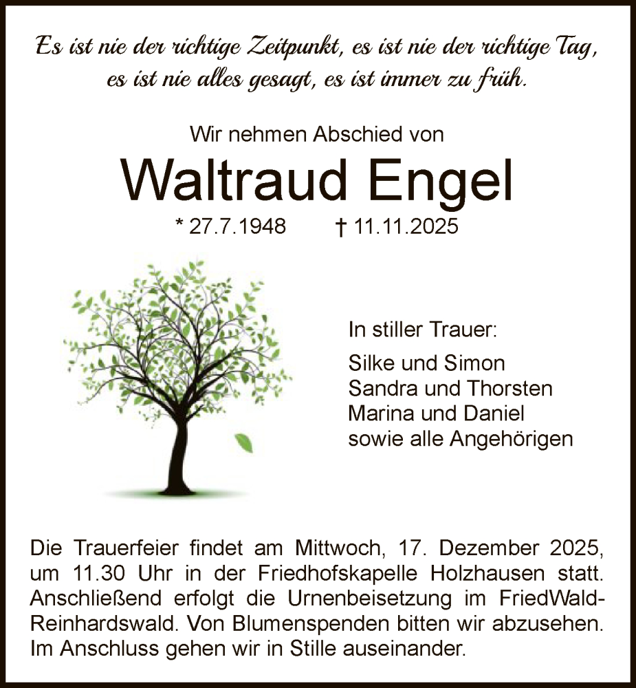  Traueranzeige für Waltraud Engel vom 06.12.2025 aus HNA