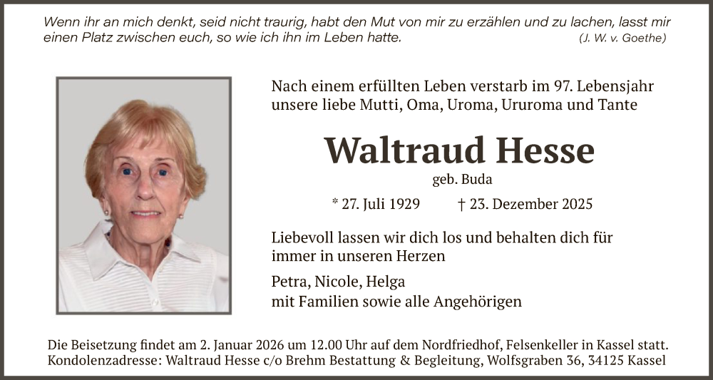  Traueranzeige für Waltraud Hesse vom 27.12.2025 aus HNA