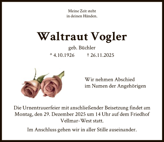 Traueranzeige von Waltraut Vogler von HNA
