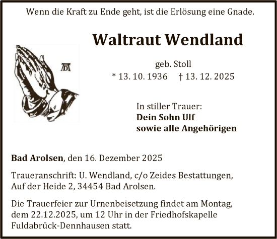 Traueranzeige von Waltraut Wendland von HNA