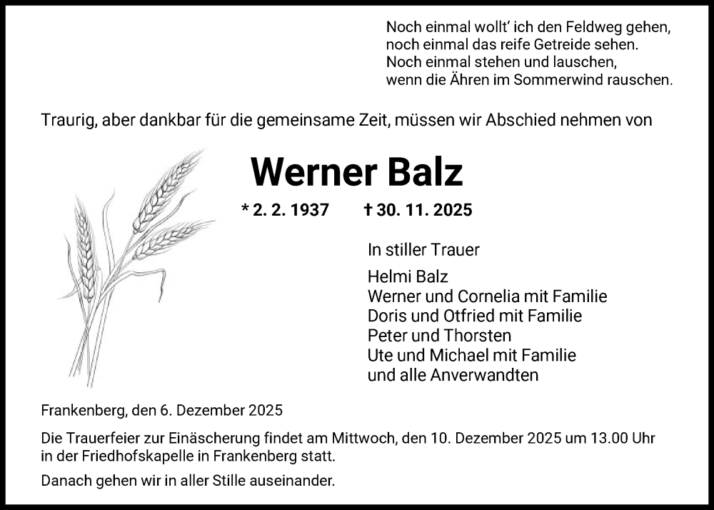  Traueranzeige für Werner Balz vom 06.12.2025 aus HNA