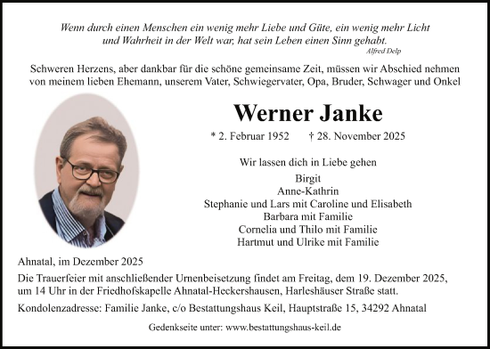 Traueranzeige von Werner Janke von HNA