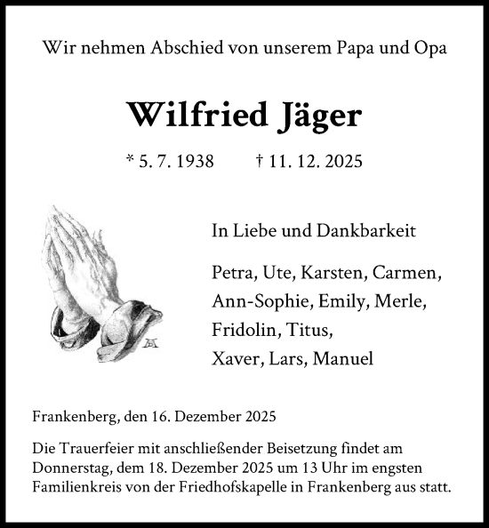 Traueranzeige von Wilfried Jäger von HNA